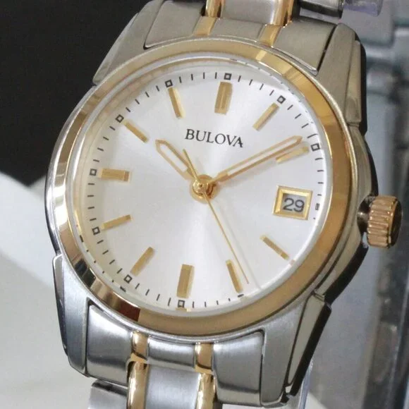 Bulova Women's Quartz Watch Two-Tone Case Silver Sunray Dial Date 26mm - Picture 10 of 13
